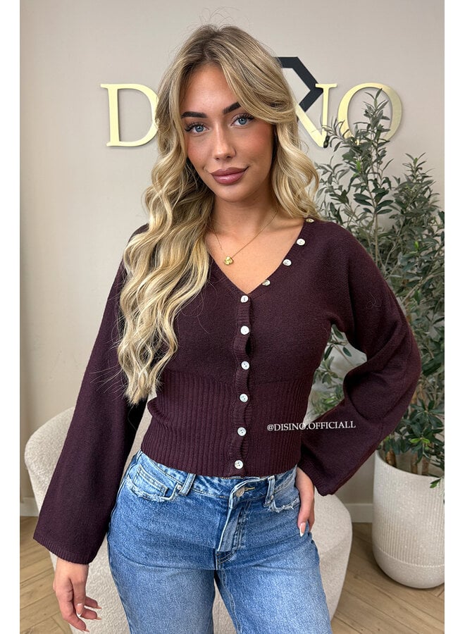 BURGUNDY – ‘ELVIRE CARDIGAN’ – STATEMENT BUTTON WAISTED FLARED SLEEVE KNIT