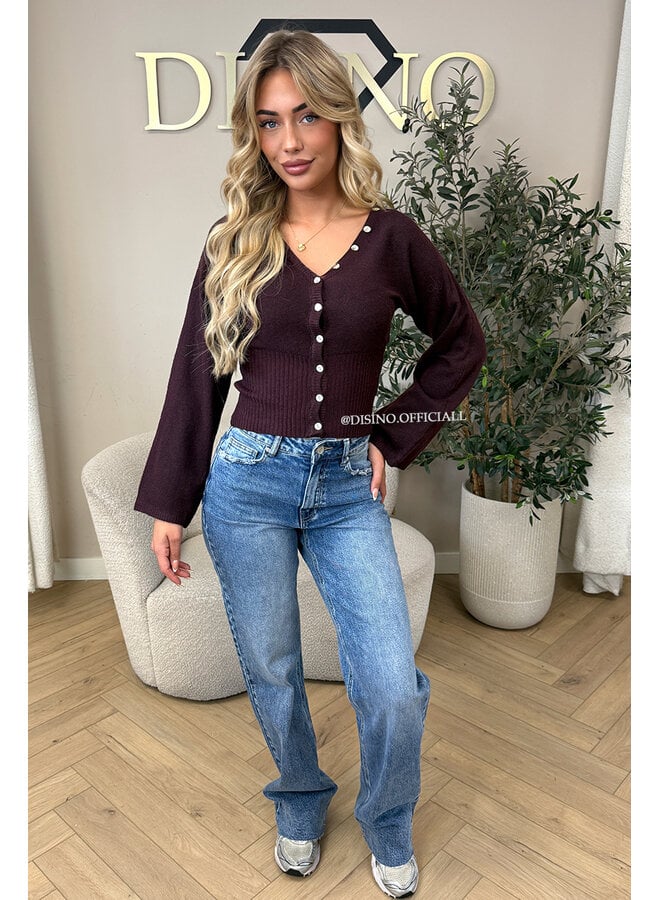 BURGUNDY – ‘ELVIRE CARDIGAN’ – STATEMENT BUTTON WAISTED FLARED SLEEVE KNIT