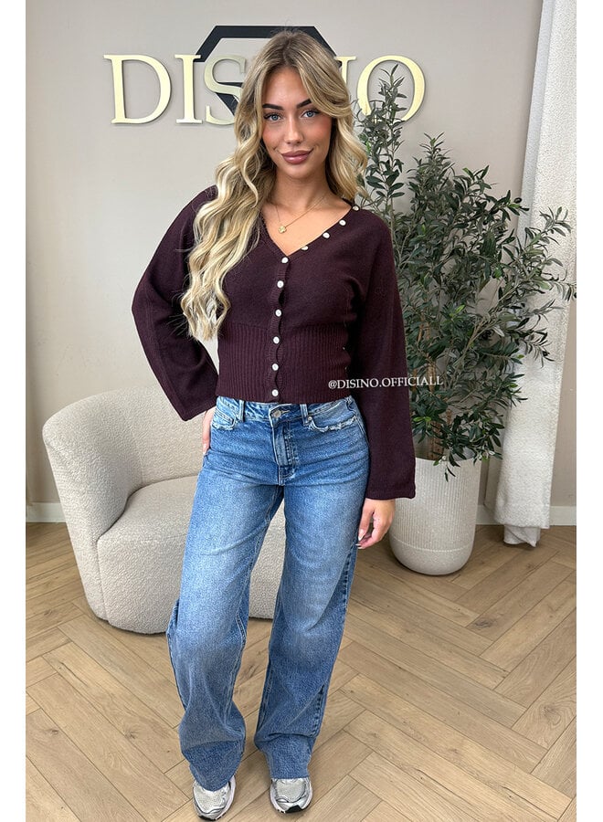 BURGUNDY – ‘ELVIRE CARDIGAN’ – STATEMENT BUTTON WAISTED FLARED SLEEVE KNIT