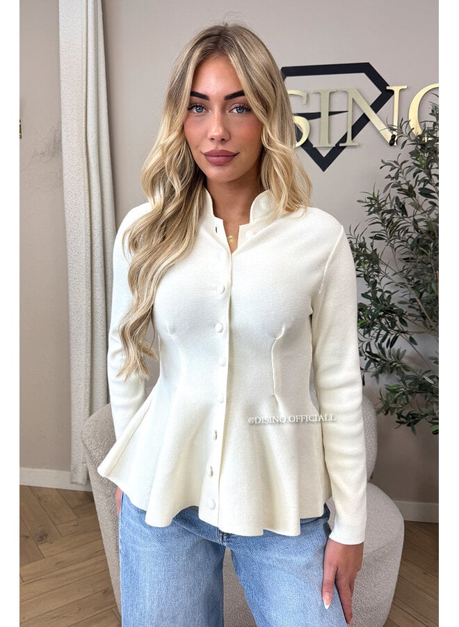 ECRU – ‘VERONIQUE CARDIGAN’ – PREMIUM QUALITY PEPLUM BUTTON-UP KNIT