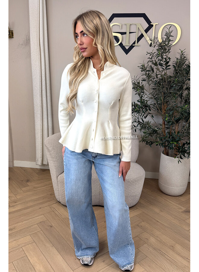 ECRU – ‘VERONIQUE CARDIGAN’ – PREMIUM QUALITY PEPLUM BUTTON-UP KNIT