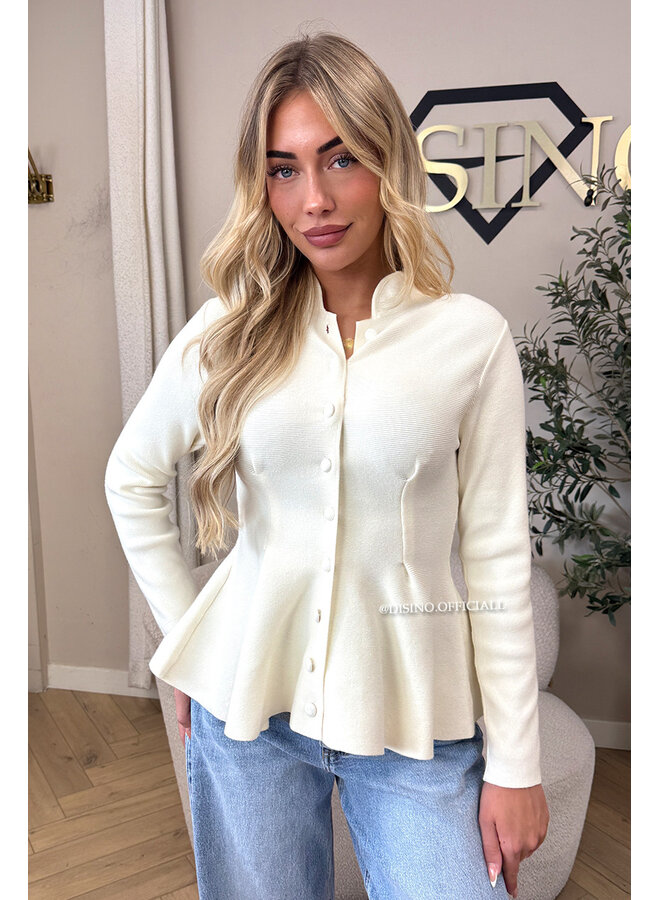 ECRU – ‘VERONIQUE CARDIGAN’ – PREMIUM QUALITY PEPLUM BUTTON-UP KNIT