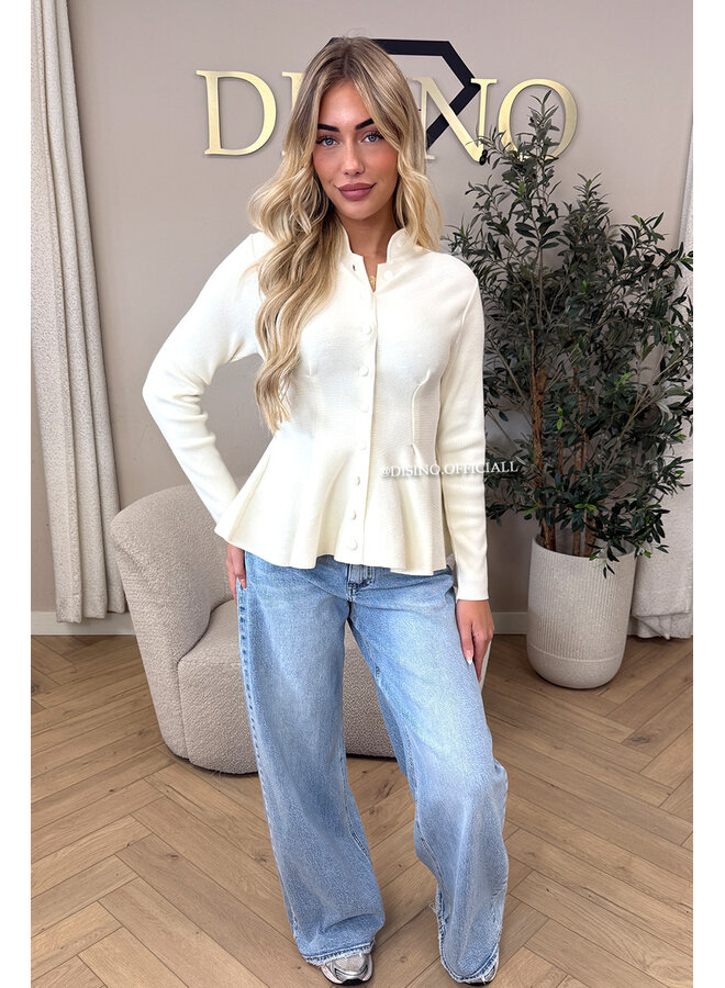 ECRU – ‘VERONIQUE CARDIGAN’ – PREMIUM QUALITY PEPLUM BUTTON-UP KNIT