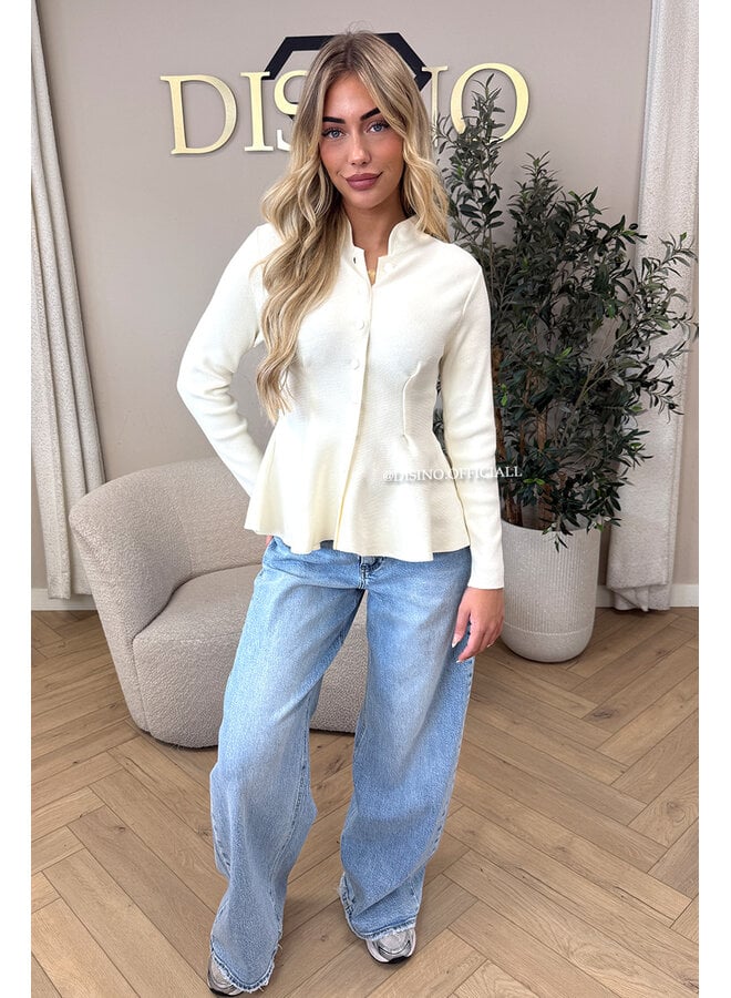 ECRU – ‘VERONIQUE CARDIGAN’ – PREMIUM QUALITY PEPLUM BUTTON-UP KNIT