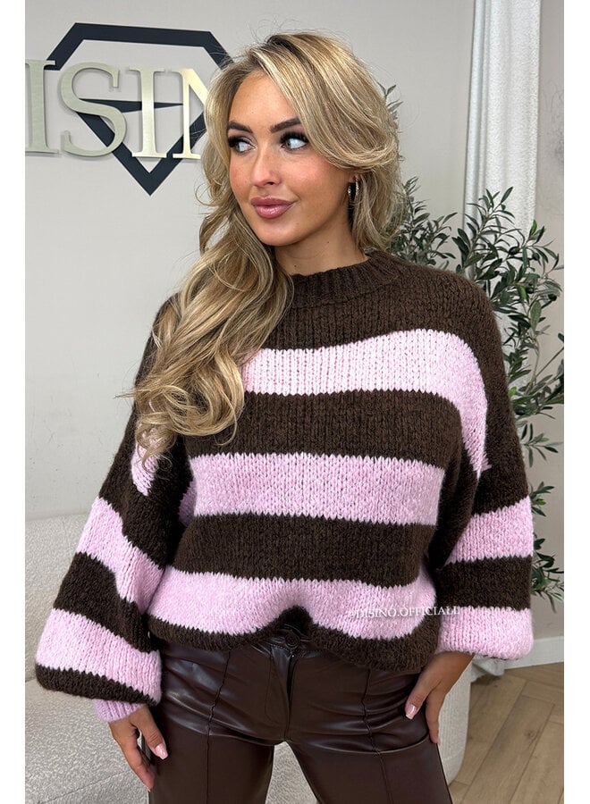 PINK/CHOCO - 'SOPHIA STRIPED KNIT' - OVERSIZED PREMIUM QUALITY BELL SLEEVE KNIT