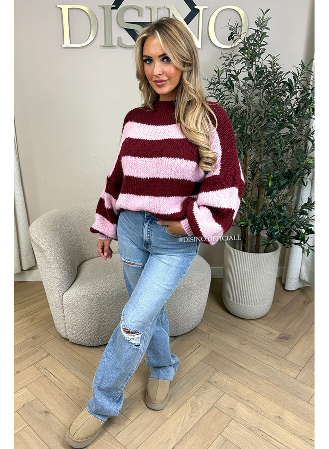 BORDEAUX/PINK - 'SOPHIA STRIPED KNIT' - OVERSIZED PREMIUM QUALITY BELL SLEEVE KNIT