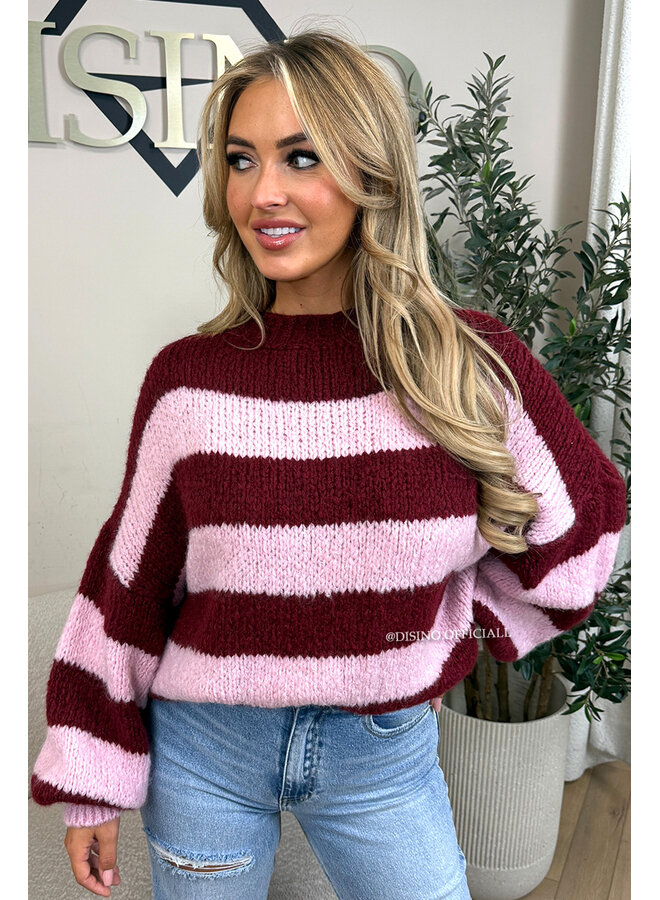 BORDEAUX/PINK - 'SOPHIA STRIPED KNIT' - OVERSIZED PREMIUM QUALITY BELL SLEEVE KNIT