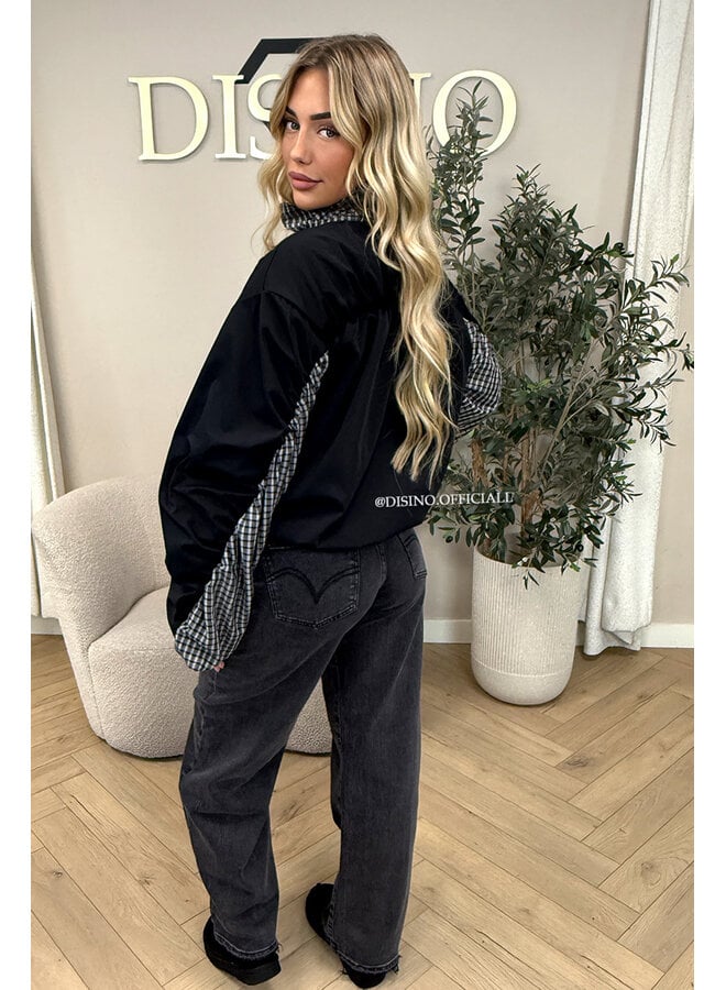 BLACK - 'NENA BOMBER' - OVERSIZED BOMBER CHECK DETAIL JACKET