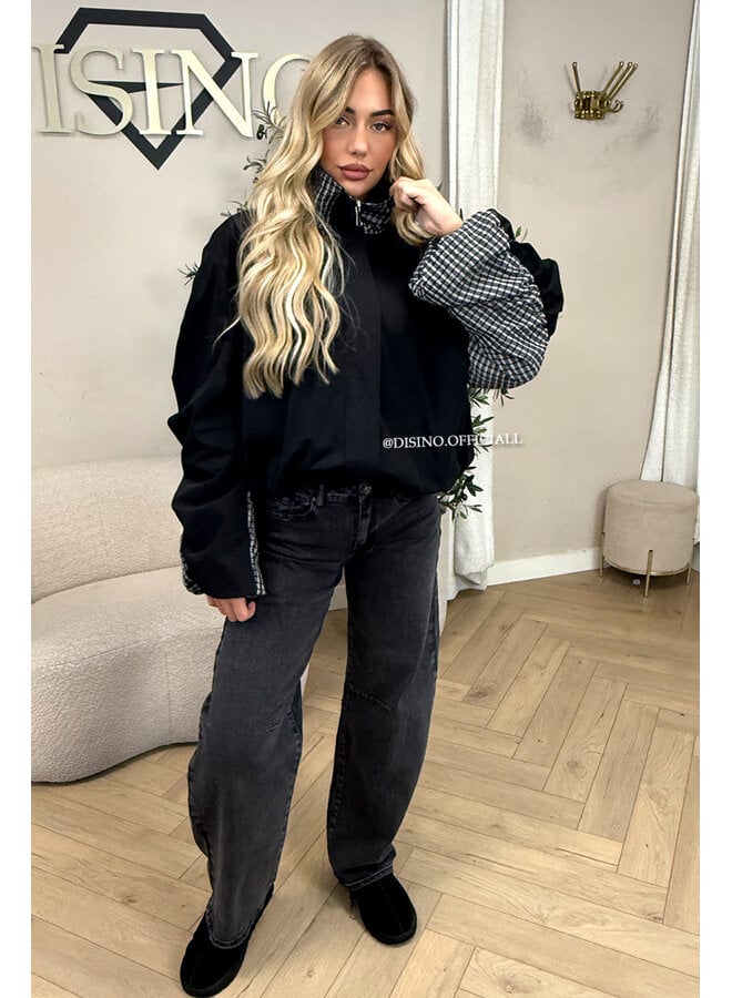 BLACK - 'NENA BOMBER' - OVERSIZED BOMBER CHECK DETAIL JACKET