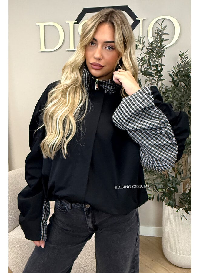 BLACK - 'NENA BOMBER' - OVERSIZED BOMBER CHECK DETAIL JACKET