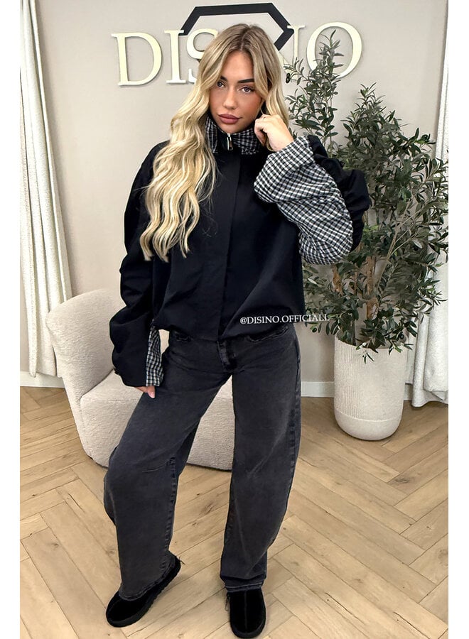 BLACK - 'NENA BOMBER' - OVERSIZED BOMBER CHECK DETAIL JACKET