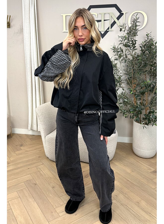 BLACK - 'NENA BOMBER' - OVERSIZED BOMBER CHECK DETAIL JACKET