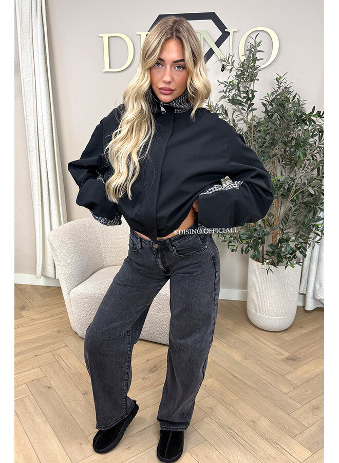 BLACK - 'NENA BOMBER' - OVERSIZED BOMBER CHECK DETAIL JACKET