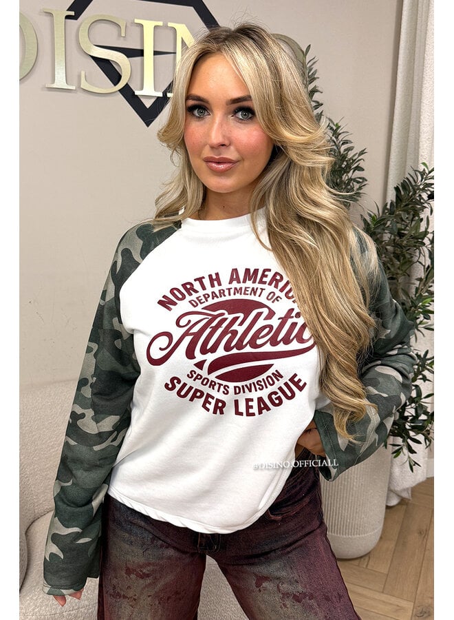 BURGUNDY - 'ATHLETIC LEAGUE' - OVERSIZED CAMO SLEEVES LONGSLEEVE SWEATER
