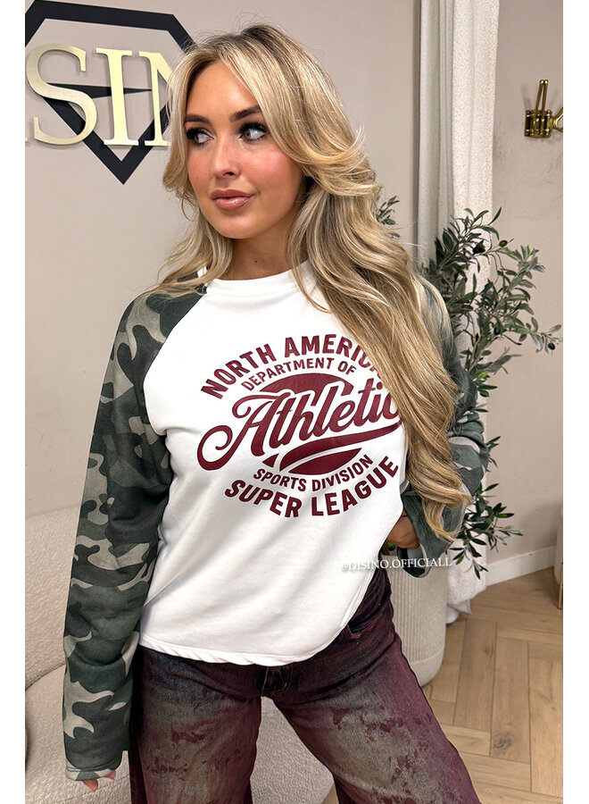 BURGUNDY - 'ATHLETIC LEAGUE' - OVERSIZED CAMO SLEEVES LONGSLEEVE SWEATER