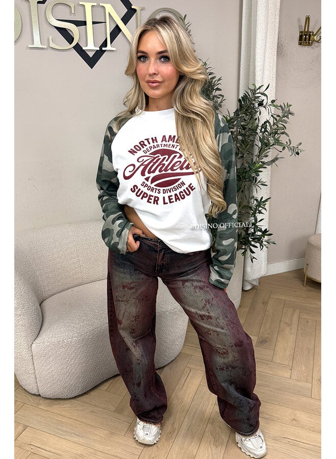 BURGUNDY - 'ATHLETIC LEAGUE' - OVERSIZED CAMO SLEEVES LONGSLEEVE SWEATER