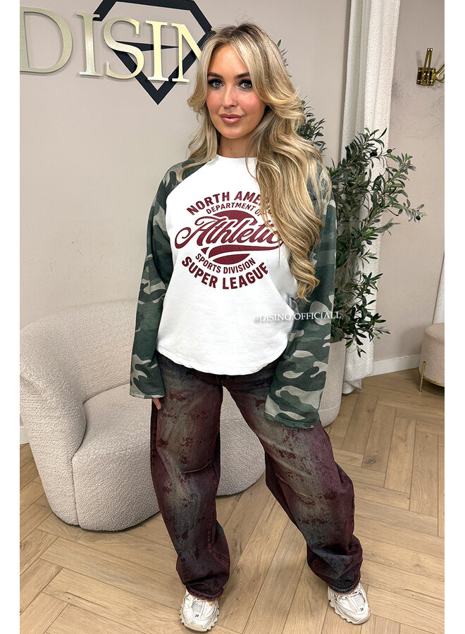 BURGUNDY - 'ATHLETIC LEAGUE' - OVERSIZED CAMO SLEEVES LONGSLEEVE SWEATER