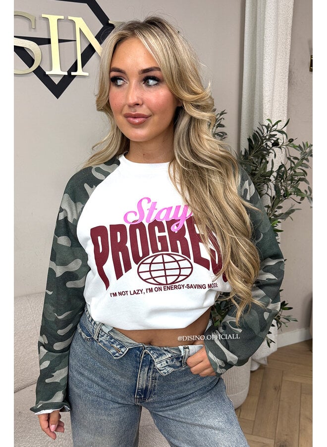 BURGUNDY - 'STAY PROGRESSED' - OVERSIZED CAMO SLEEVES LONGSLEEVE SWEATER