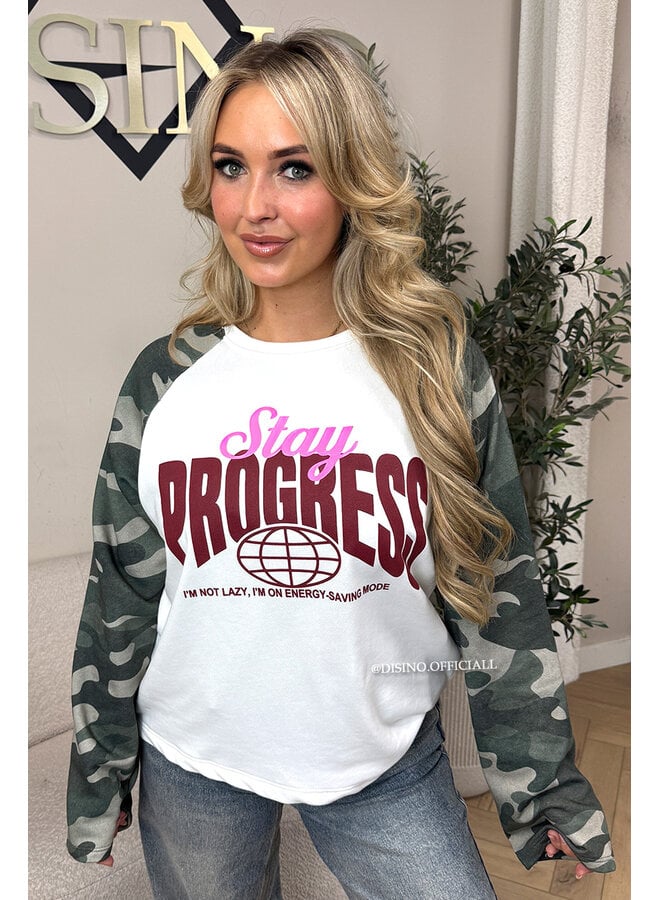 BURGUNDY - 'STAY PROGRESSED' - OVERSIZED CAMO SLEEVES LONGSLEEVE SWEATER