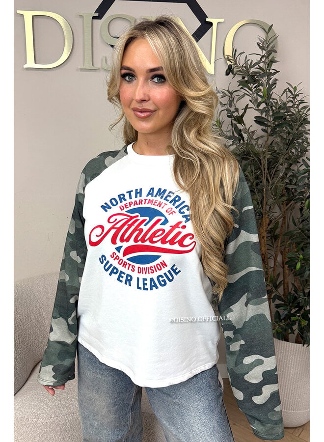 RED - 'ATHLETIC LEAGUE' - OVERSIZED CAMO SLEEVES LONGSLEEVE SWEATER