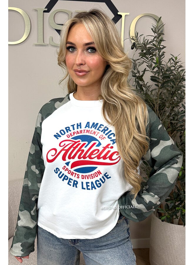 RED - 'ATHLETIC LEAGUE' - OVERSIZED CAMO SLEEVES LONGSLEEVE SWEATER