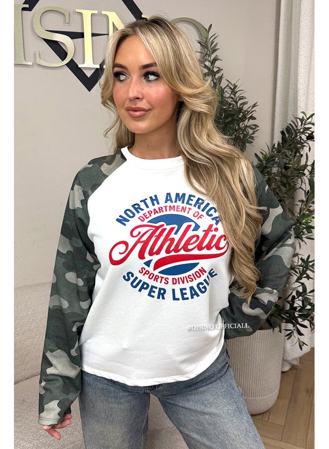 RED - 'ATHLETIC LEAGUE' - OVERSIZED CAMO SLEEVES LONGSLEEVE SWEATER