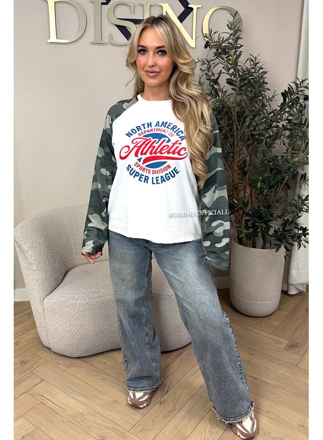 RED - 'ATHLETIC LEAGUE' - OVERSIZED CAMO SLEEVES LONGSLEEVE SWEATER