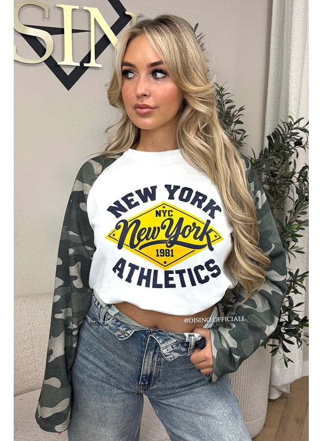 YELLOW - 'NEW YORK ATHLETICS' - OVERSIZED CAMO SLEEVES LONGSLEEVE SWEATER