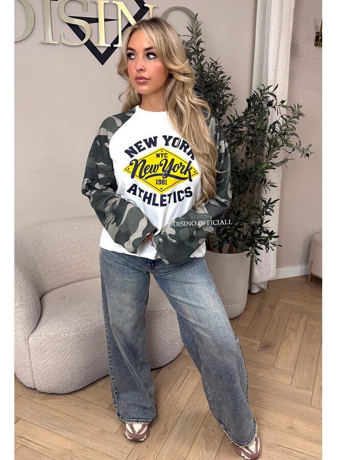 YELLOW - 'NEW YORK ATHLETICS' - OVERSIZED CAMO SLEEVES LONGSLEEVE SWEATER