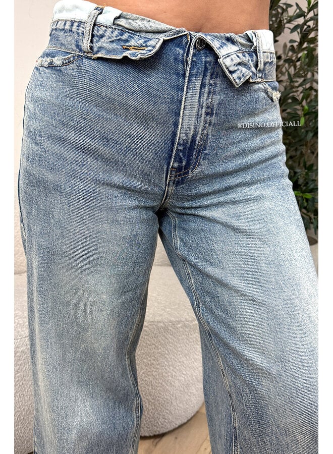 DARK WASHED - 'BELLAGIO JEANS' - FOLDED WAISTBAND WIDE LEG JEANS