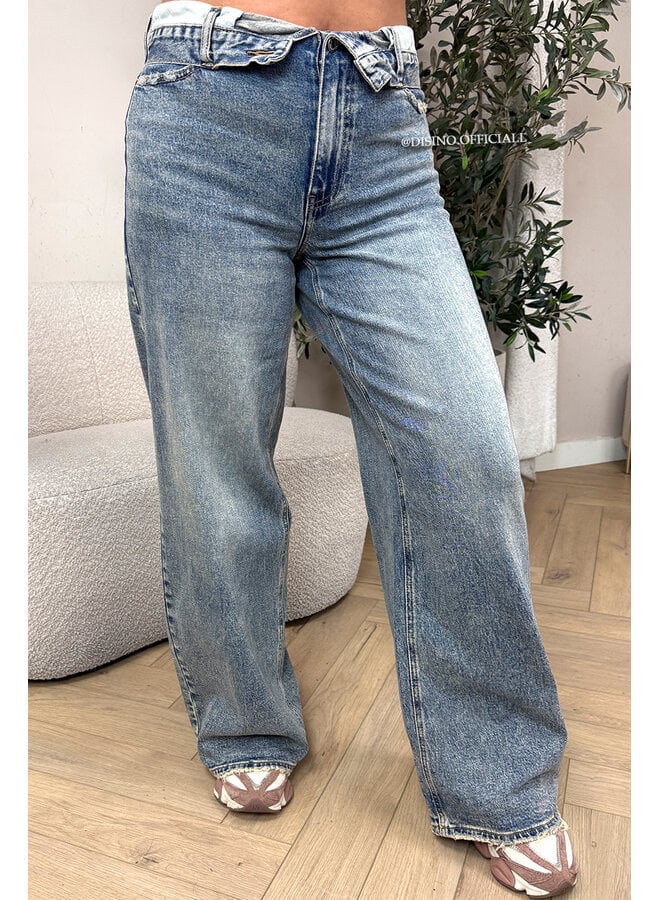 DARK WASHED - 'BELLAGIO JEANS' - FOLDED WAISTBAND WIDE LEG JEANS