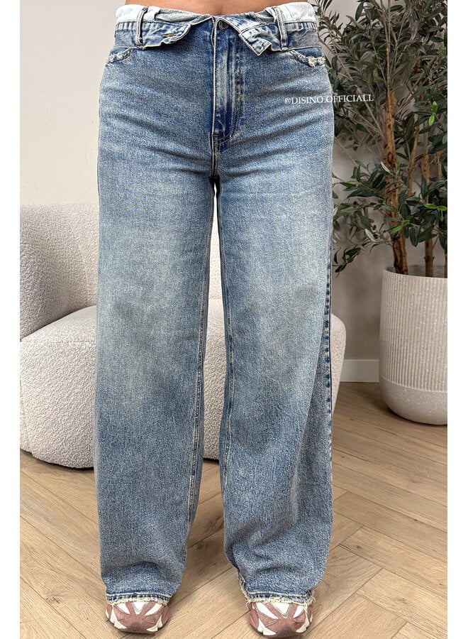 DARK WASHED - 'BELLAGIO JEANS' - FOLDED WAISTBAND WIDE LEG JEANS