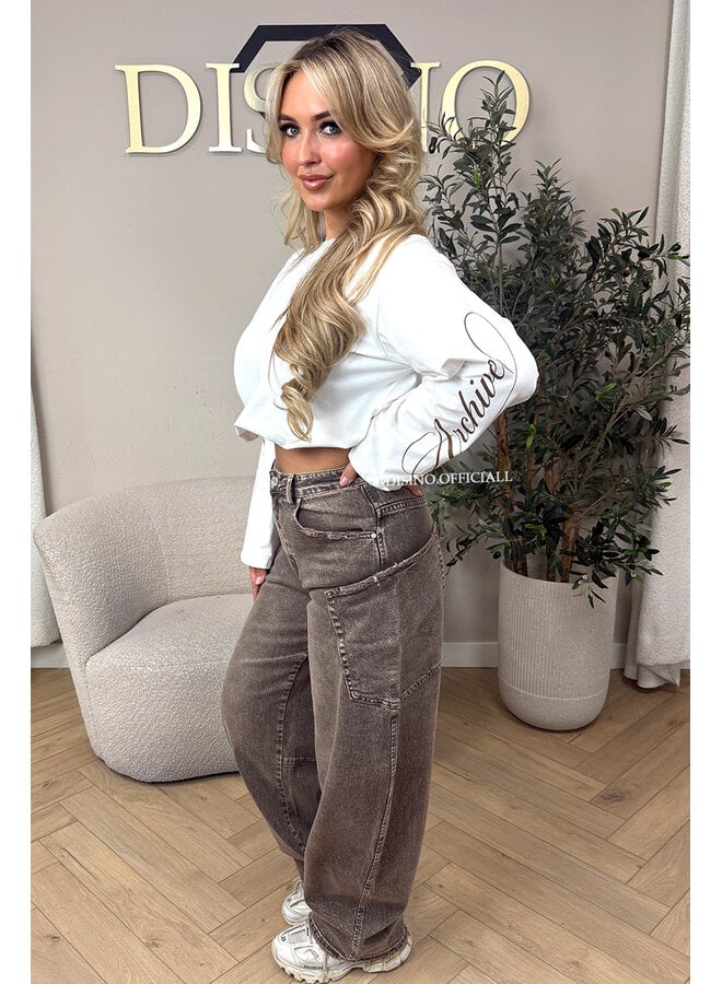 WASHED TAUPE - 'BALLOON CARGO JEANS' - STRETCH VIRAL BALLOON LEG JEANS