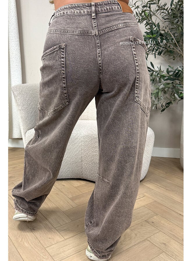 WASHED TAUPE - 'BALLOON CARGO JEANS' - STRETCH VIRAL BALLOON LEG JEANS