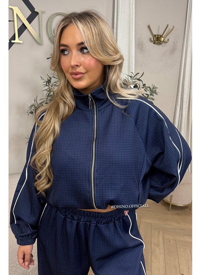 NAVY BLUE - 'CHECKED ZAHRA SET' - SPORTY STRIPES TRACK JACKET + JOGGER SET