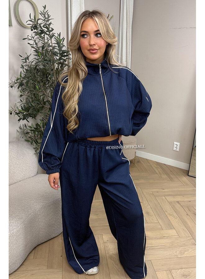 NAVY BLUE - 'CHECKED ZAHRA SET' - SPORTY STRIPES TRACK JACKET + JOGGER SET