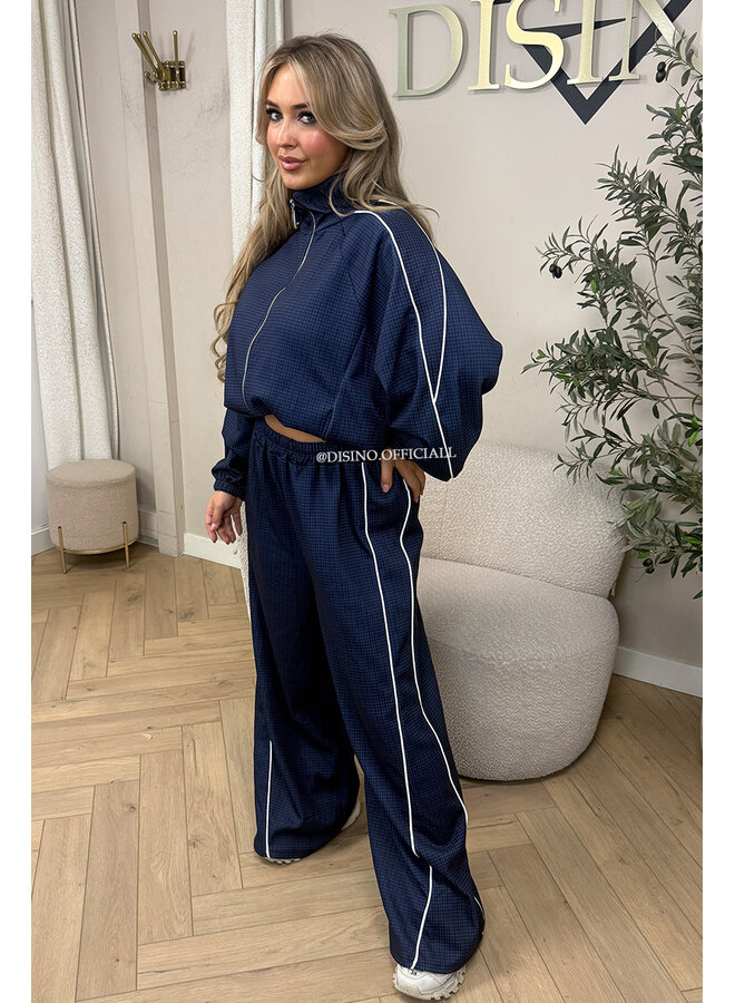 NAVY BLUE - 'CHECKED ZAHRA SET' - SPORTY STRIPES TRACK JACKET + JOGGER SET
