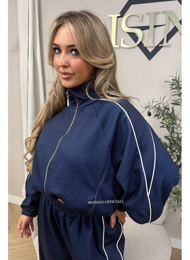 NAVY BLUE - 'CHECKED ZAHRA SET' - SPORTY STRIPES TRACK JACKET + JOGGER SET