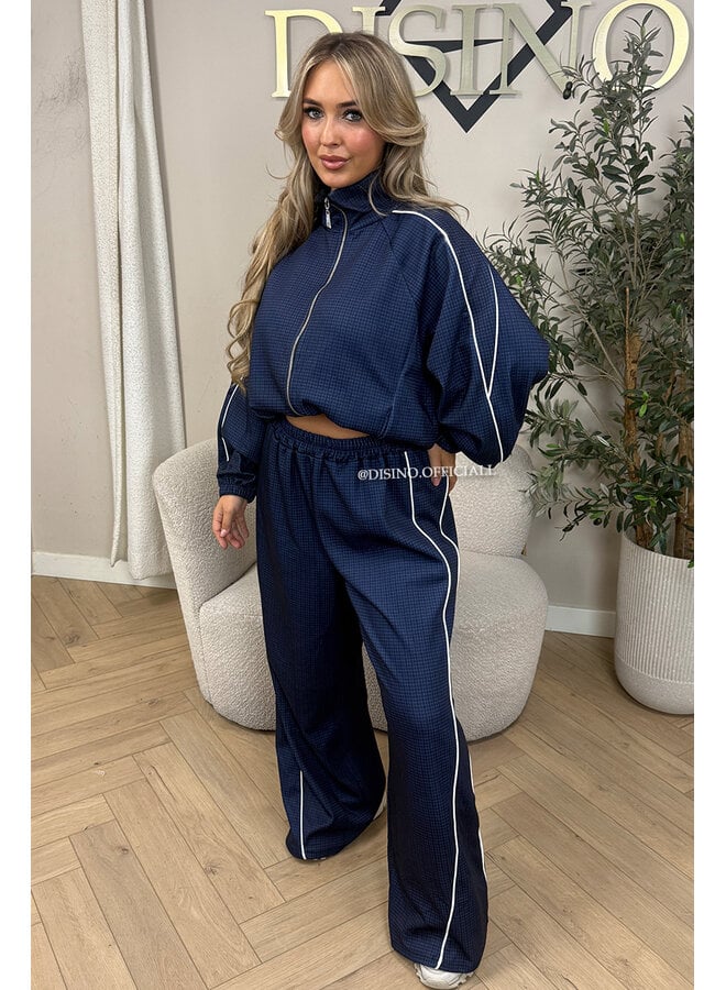 NAVY BLUE - 'CHECKED ZAHRA SET' - SPORTY STRIPES TRACK JACKET + JOGGER SET
