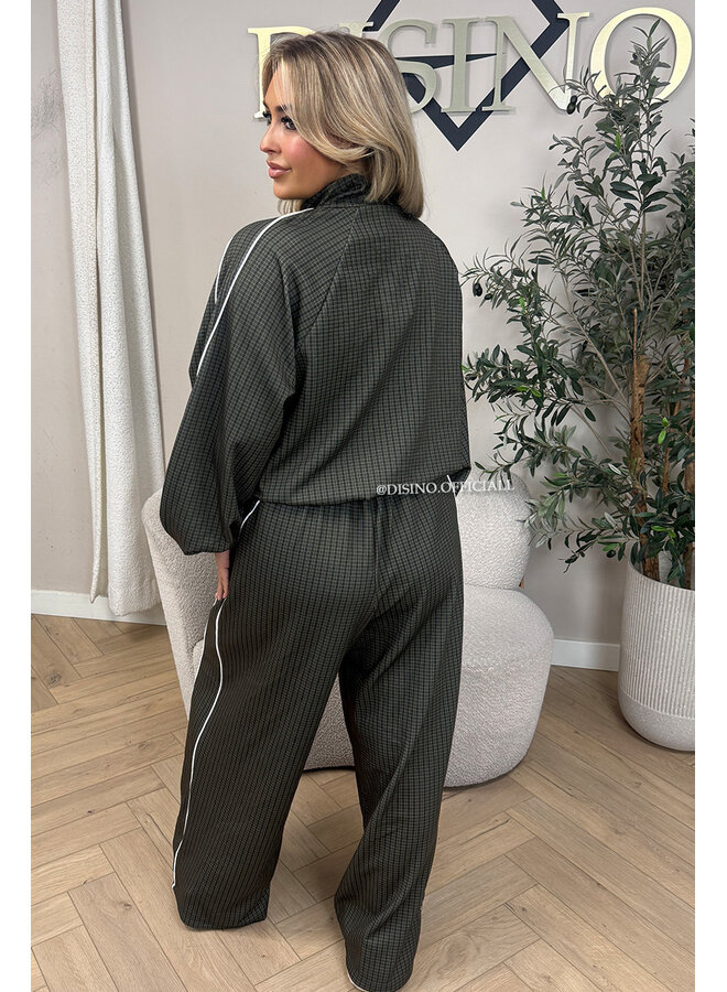 KHAKI GREEN - 'CHECKED ZAHRA SET' - SPORTY STRIPES TRACK JACKET + JOGGER SET