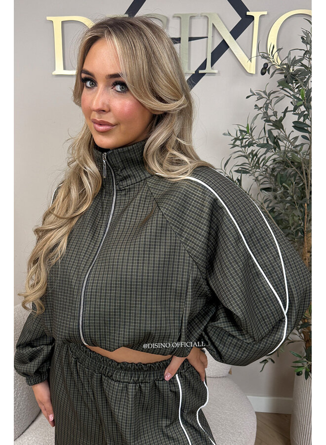 KHAKI GREEN - 'CHECKED ZAHRA SET' - SPORTY STRIPES TRACK JACKET + JOGGER SET