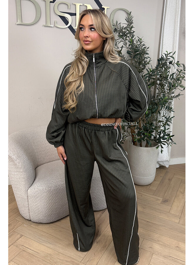 KHAKI GREEN - 'CHECKED ZAHRA SET' - SPORTY STRIPES TRACK JACKET + JOGGER SET