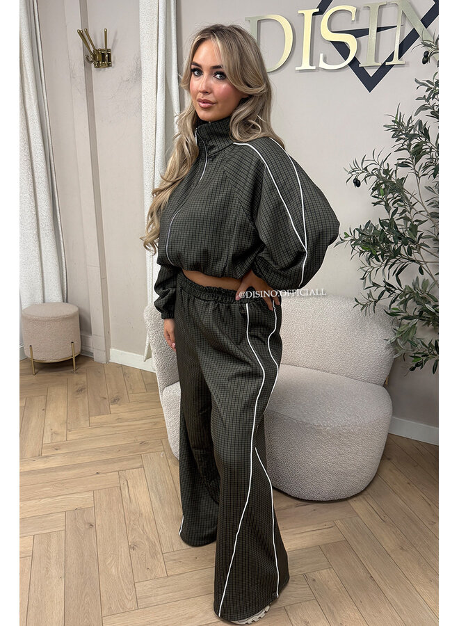 KHAKI GREEN - 'CHECKED ZAHRA SET' - SPORTY STRIPES TRACK JACKET + JOGGER SET
