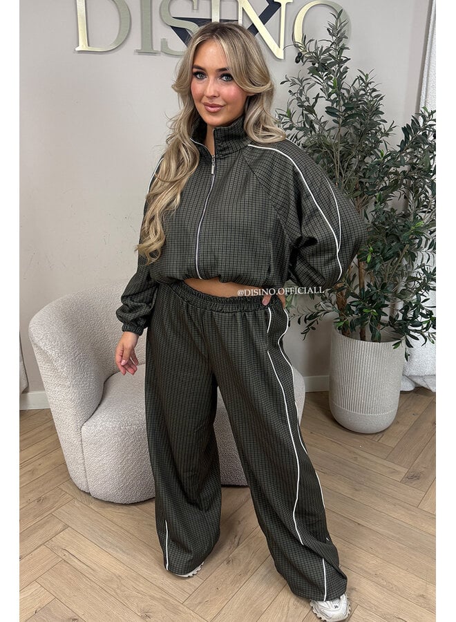 KHAKI GREEN - 'CHECKED ZAHRA SET' - SPORTY STRIPES TRACK JACKET + JOGGER SET