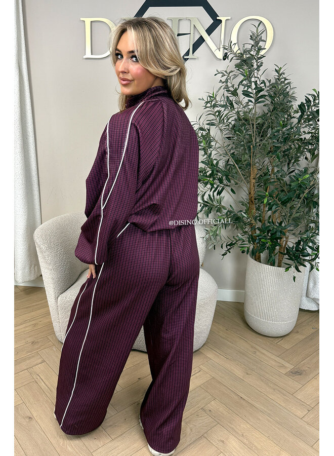 BURGUNDY - 'CHECKED ZAHRA SET' - SPORTY STRIPES TRACK JACKET + JOGGER SET