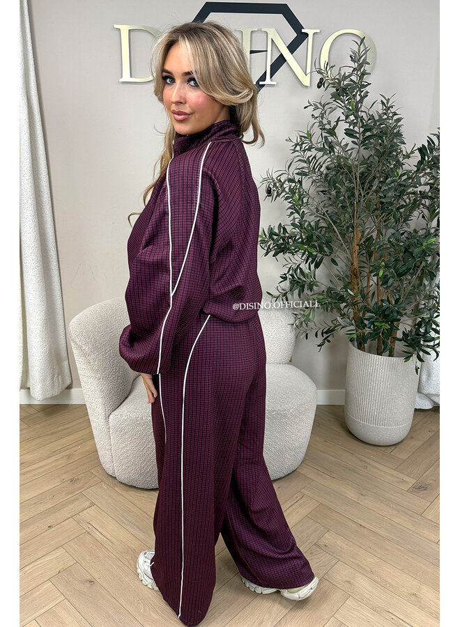 BURGUNDY - 'CHECKED ZAHRA SET' - SPORTY STRIPES TRACK JACKET + JOGGER SET