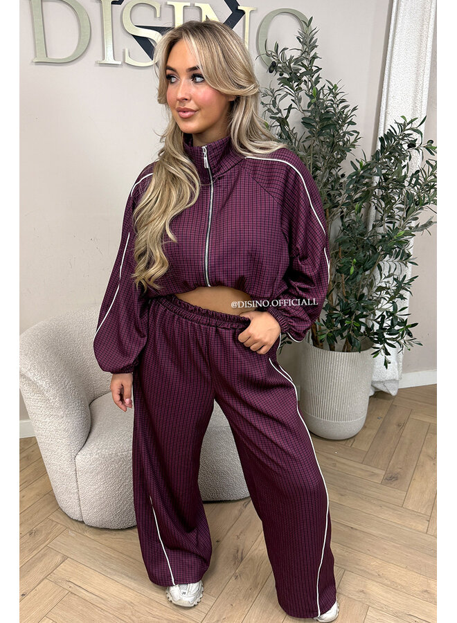BURGUNDY - 'CHECKED ZAHRA SET' - SPORTY STRIPES TRACK JACKET + JOGGER SET