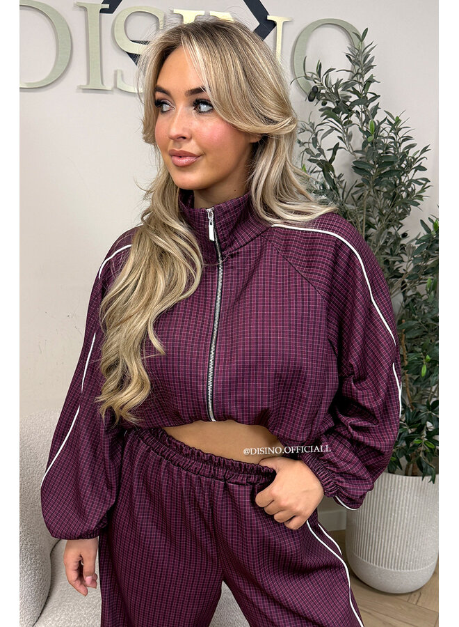 BURGUNDY - 'CHECKED ZAHRA SET' - SPORTY STRIPES TRACK JACKET + JOGGER SET