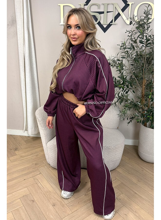BURGUNDY - 'CHECKED ZAHRA SET' - SPORTY STRIPES TRACK JACKET + JOGGER SET