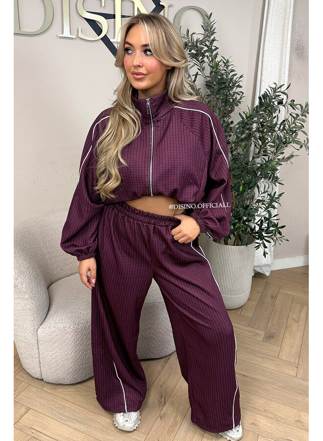 BURGUNDY - 'CHECKED ZAHRA SET' - SPORTY STRIPES TRACK JACKET + JOGGER SET